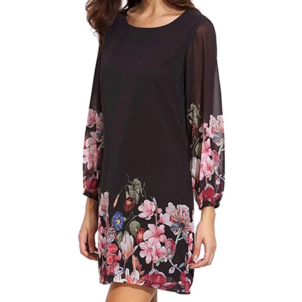 Floral, Chiffon-Sleeve A-Line Shift Mini Dress, XL